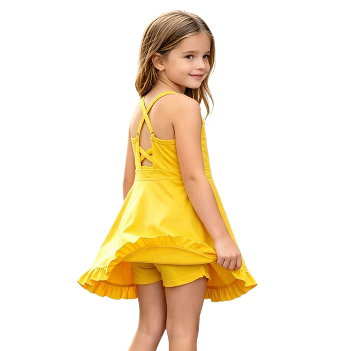 S0781 Yellow Girls Summer Strap Shorts Ruffle Knee Length Yoga Dress