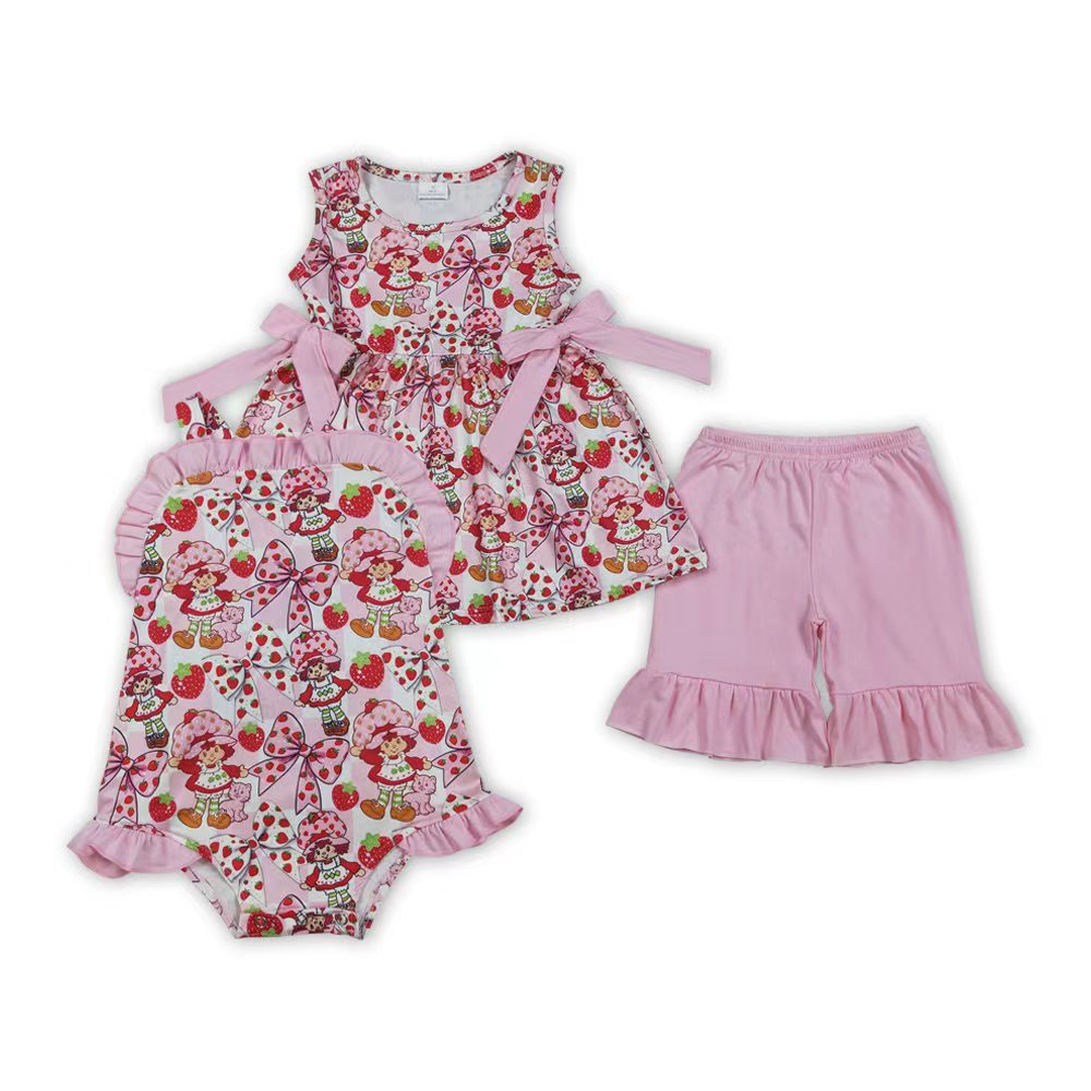 Sibling Baby Strawberry Girls Bows Tunic Ruffle Short Clothes Set Back Bow Rompers