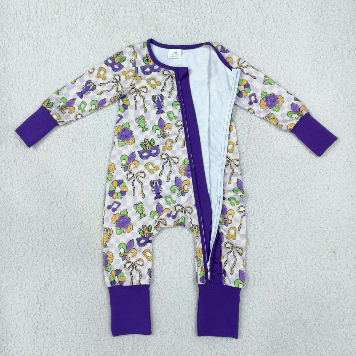 Anchor Bows Crayfish Checkered Print Baby Girls Mardi Gras Zipper Sleeper Romper