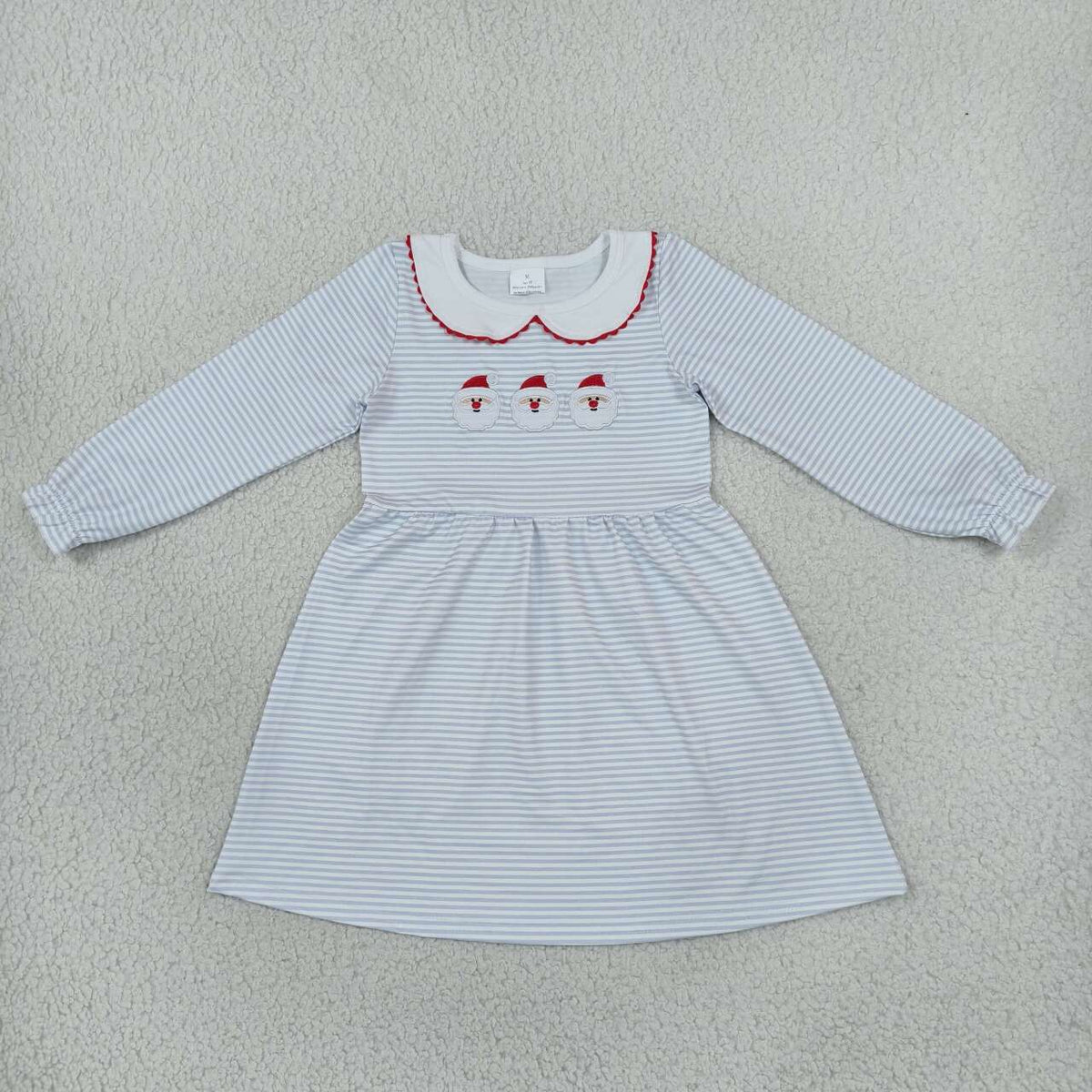 GLD1673 Santa Embroidery Blue Stripes Girls Christmas Long Sleeve Knee Length Dress