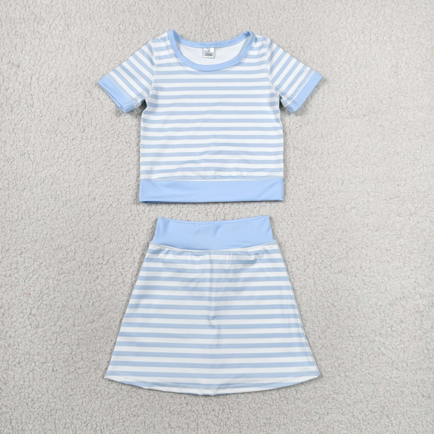 Kids Girtls Blue Stiped Active Outfit Short Sleeve & Skort