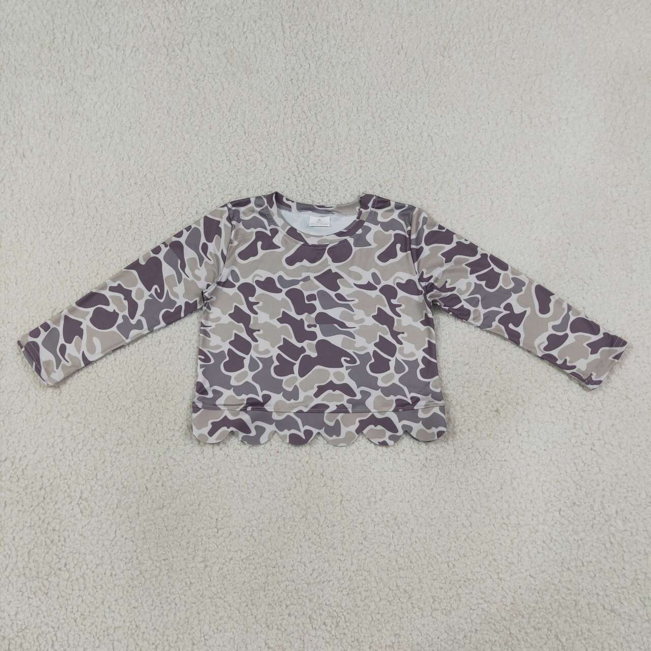 GT1685 Dark Brown Grey Camo Baby Girls Scallop Long Sleeve T-Shirts Top