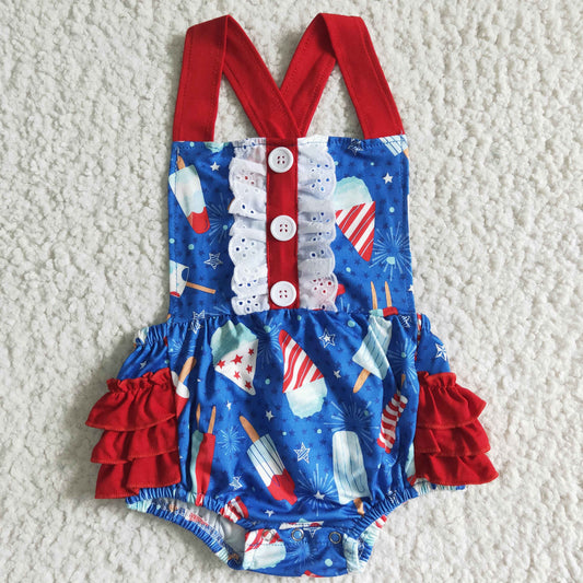SR0015 Popsicle Stars Print Baby Girls 4th of July Strap Ruffles Romper