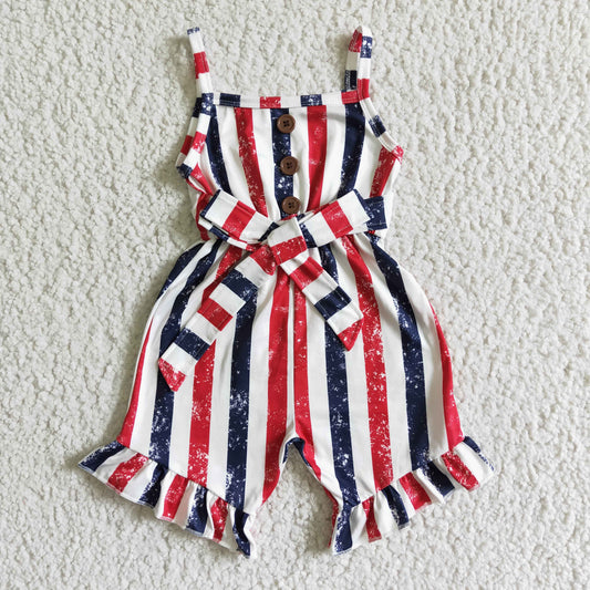 (Promotion)SR0032 Red Navy Stripes Print Baby Girls 4th of July Strap Jumpsuits