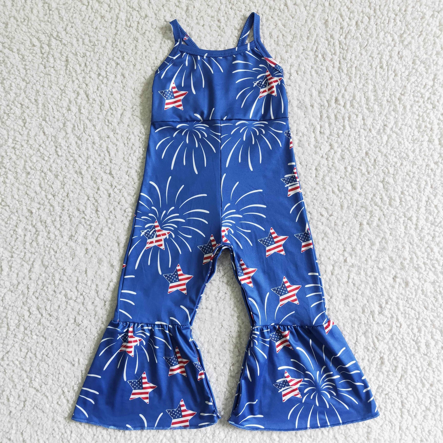 SR0055 Fireworks Stars Print Baby Girls 4th of July Strap Jumpsuits