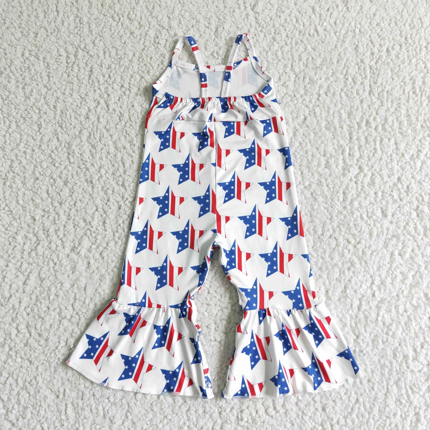 SR0057 Stars White Print Baby Girls 4th of July Strap Jumpsuits
