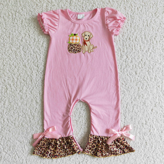 SR0068 Pumpkin Dog Embroidery Pink Baby Girls Fall Leopard Ruffle Romper