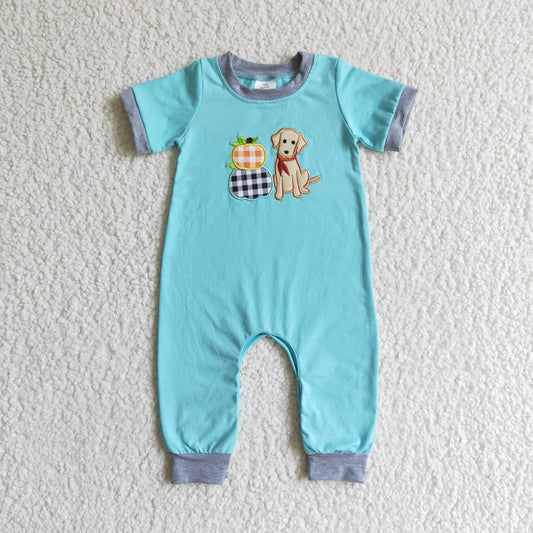 SR0069 Pumpkin Dog Embroidery Blue Baby Boys Fall Romper