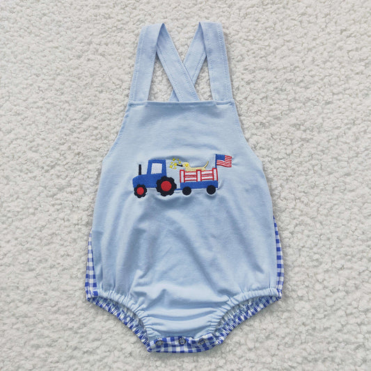 SR0273 Truck Flag Embroidery Baby Boys 4th of July Strap Backless Romper