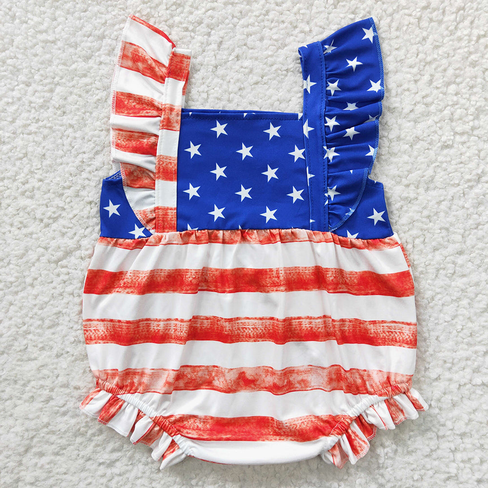 SR0326  Stripes Stars Print Baby Girls 4th of July Romper
