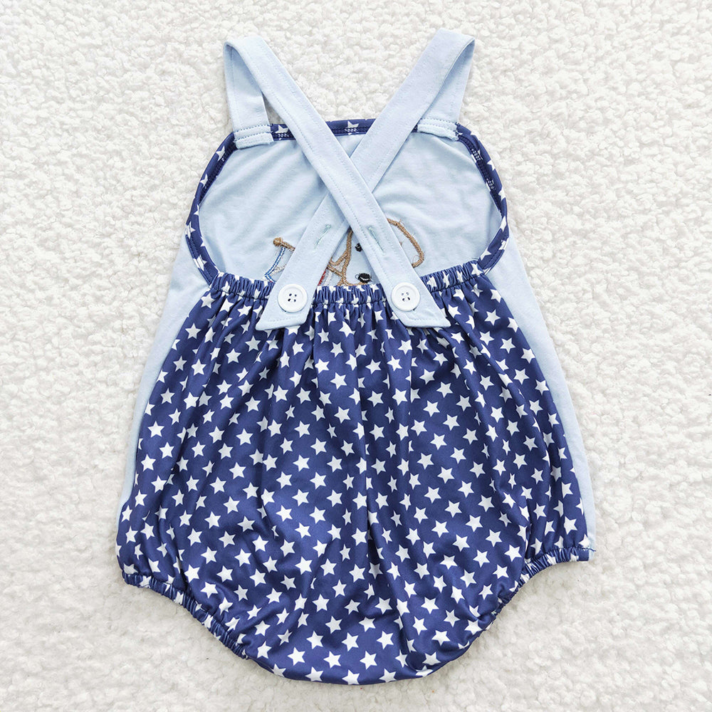 SR0331  Puppy Flag Embroidery Baby Boys 4th of July Strap Backless Romper