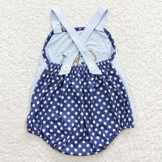 SR0331  Puppy Flag Embroidery Baby Boys 4th of July Strap Backless Romper