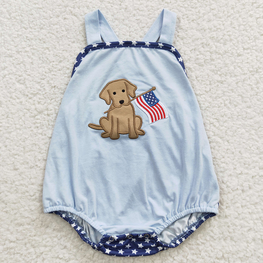 SR0331  Puppy Flag Embroidery Baby Boys 4th of July Strap Backless Romper