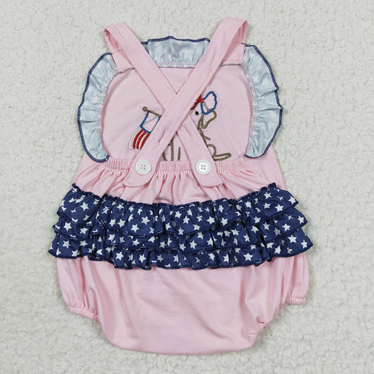 SR0332  Puppy Flag Embroidery Baby Girls 4th of July Strap Backless Romper