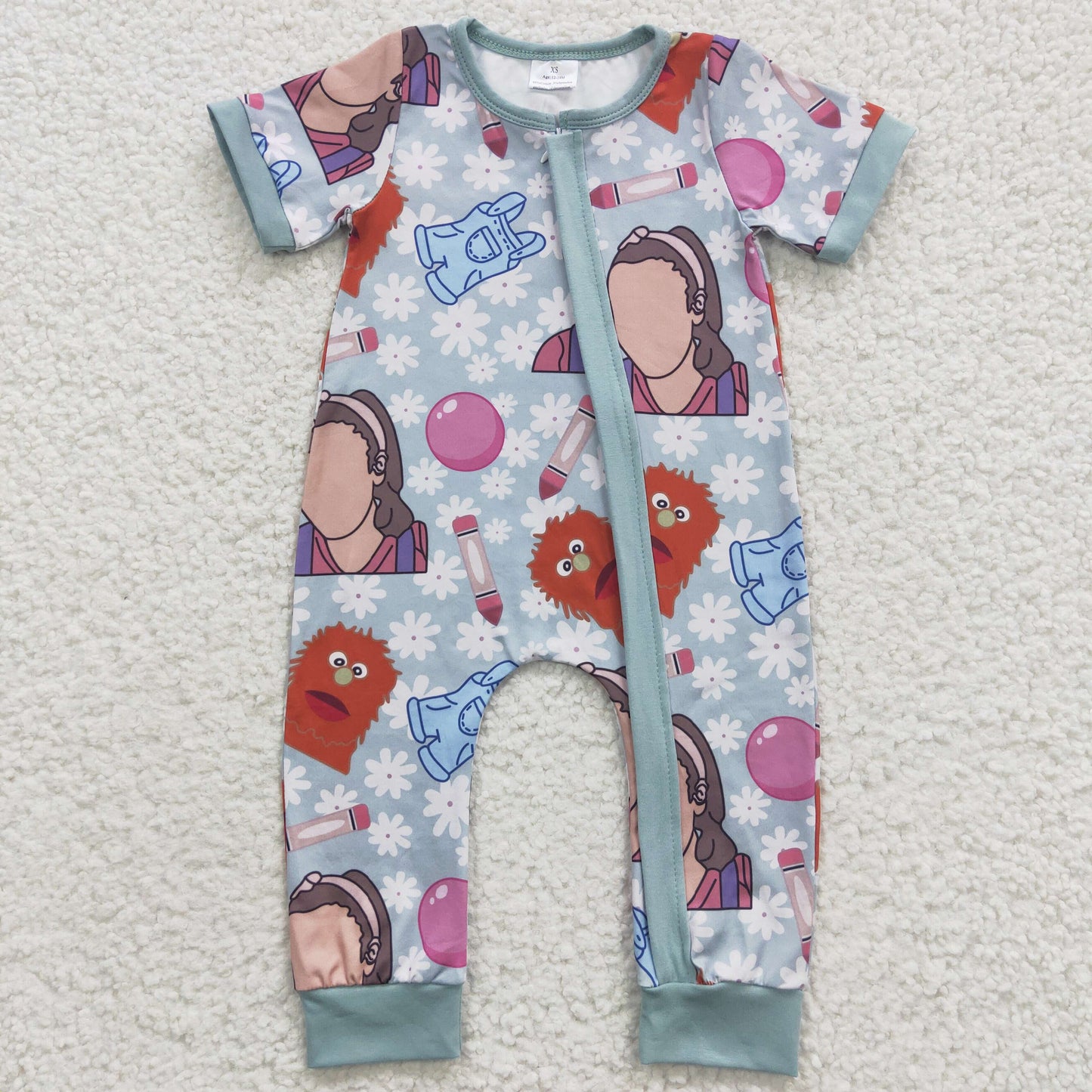 (Promotion)SR0347 Cartoon Teacher Rache* Print Baby Girls Zipper Sleeper Romper