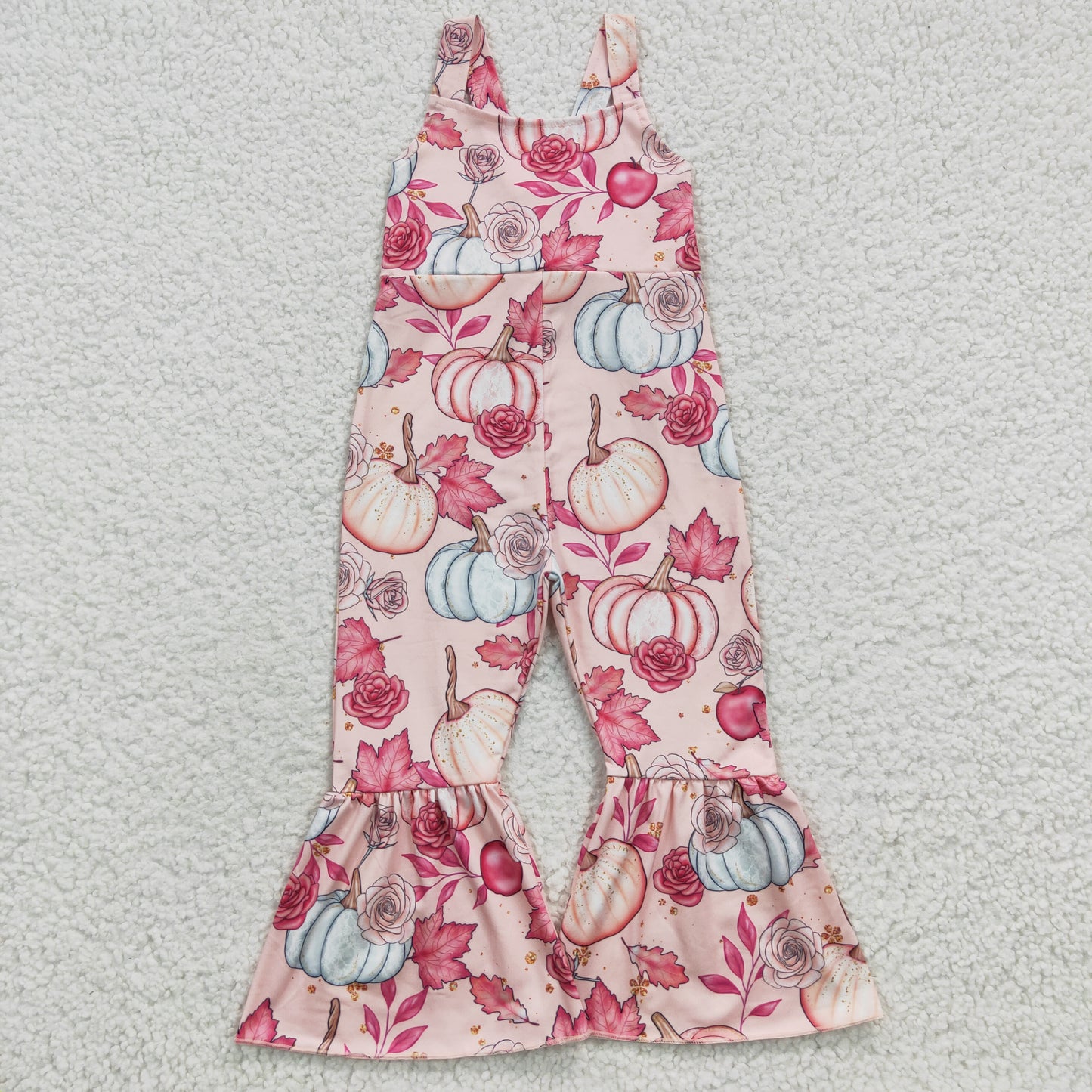 SR0375 Pumpkin Flowers Print Girls Fall Strap Jumpsuits