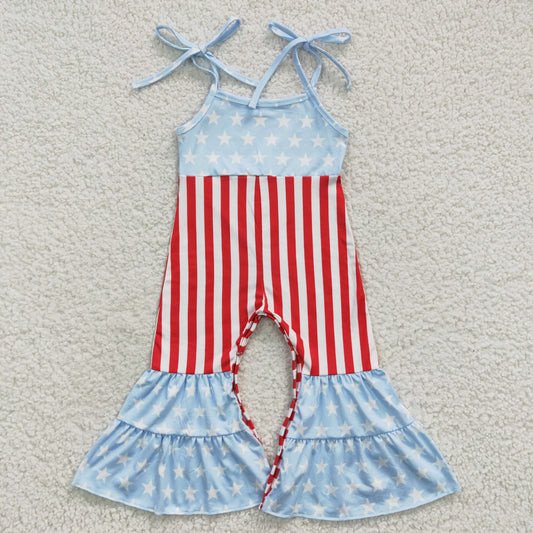 SR0385 Blue Polka Dot & Red Stripe Bow Strap Patriotic Jumpsuits