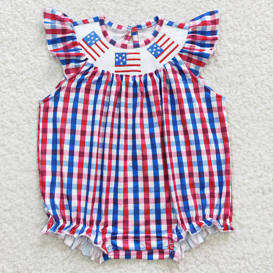SR0388  Flag Embroidery Plaid Print Baby Girls 4th of July Smocked Romper