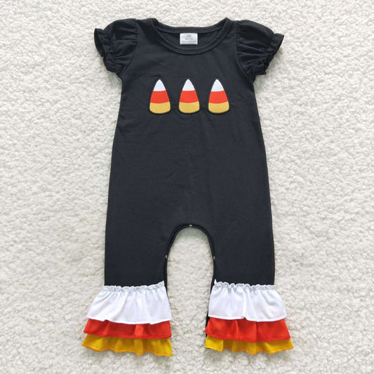 SR0401 Candy Embroidery Black Baby Girls Halloween Ruffle Cotton Romper