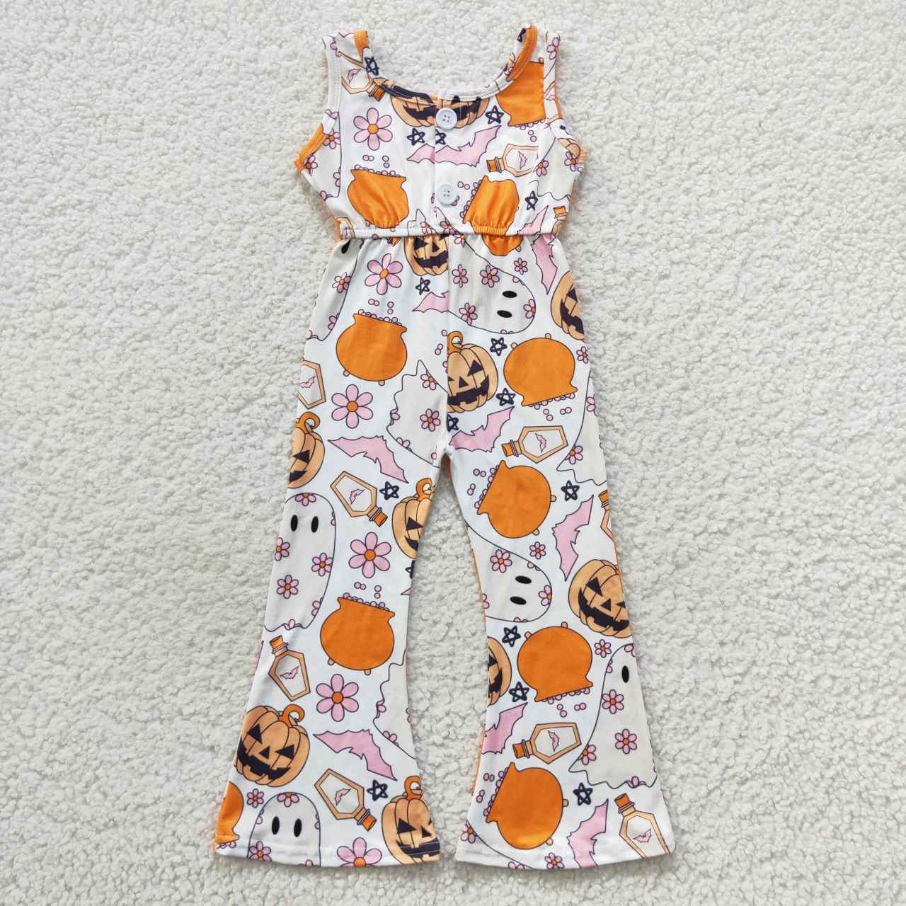 SR0410 Ghost Pumpkin Flowers Print Girls Halloween Jumpsuits