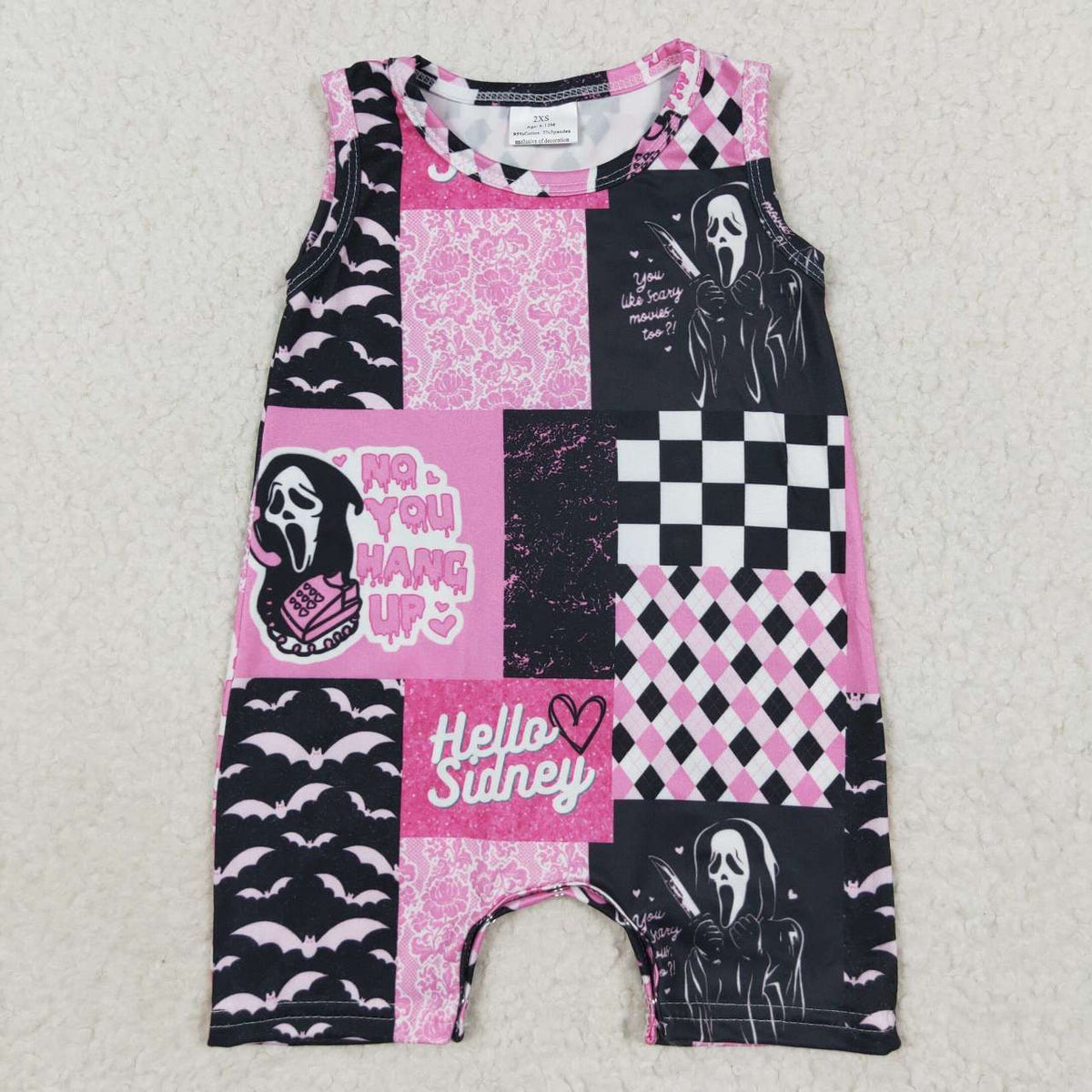 SR0414 NO YOU HANG UP Checkered Print Baby Girls Halloween Romper