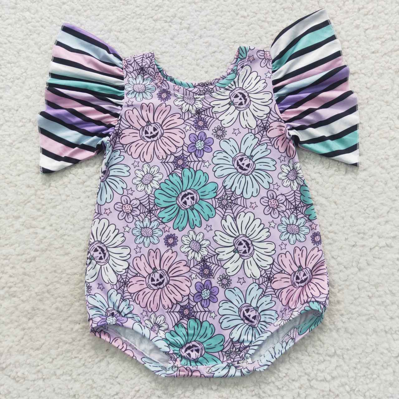 SR0431 Pumpkin Smiling Flowers Print Baby Girls Halloween Romper