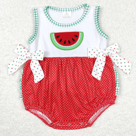 SR0593 Watermelon Embroidery Dots Baby Girls Sleeveless Romper