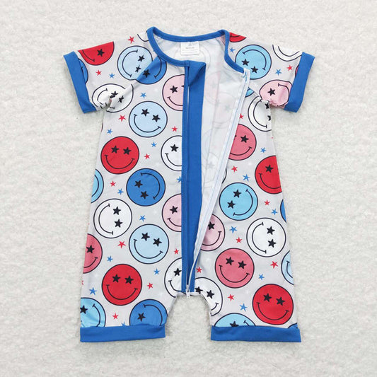 SR0692  Smiling Stars Print Baby 4th of July Zipper Sleeper Romper