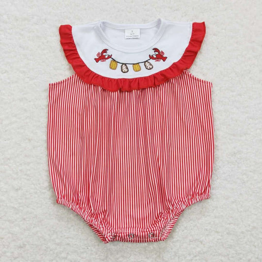 SR0741 Crayfish Embroidery Red Stripes Print Baby Girls Summer Romper