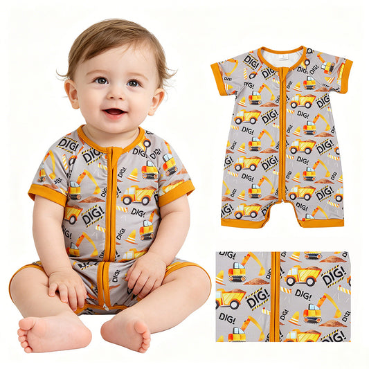 SR0844 Construction Trucks DIG Print Baby Boys Summer Zipper Romper