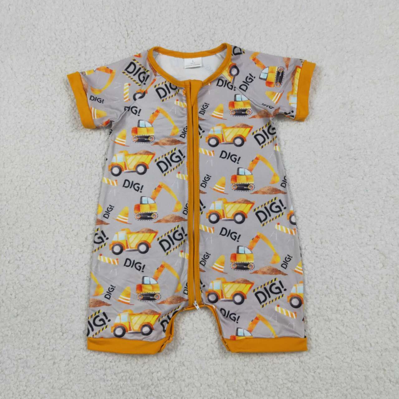 SR0844 Construction Trucks DIG Print Baby Boys Summer Zipper Romper
