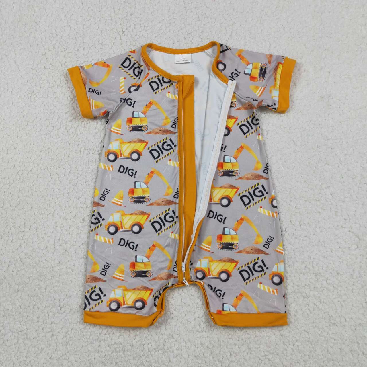 SR0844 Construction Trucks DIG Print Baby Boys Summer Zipper Romper