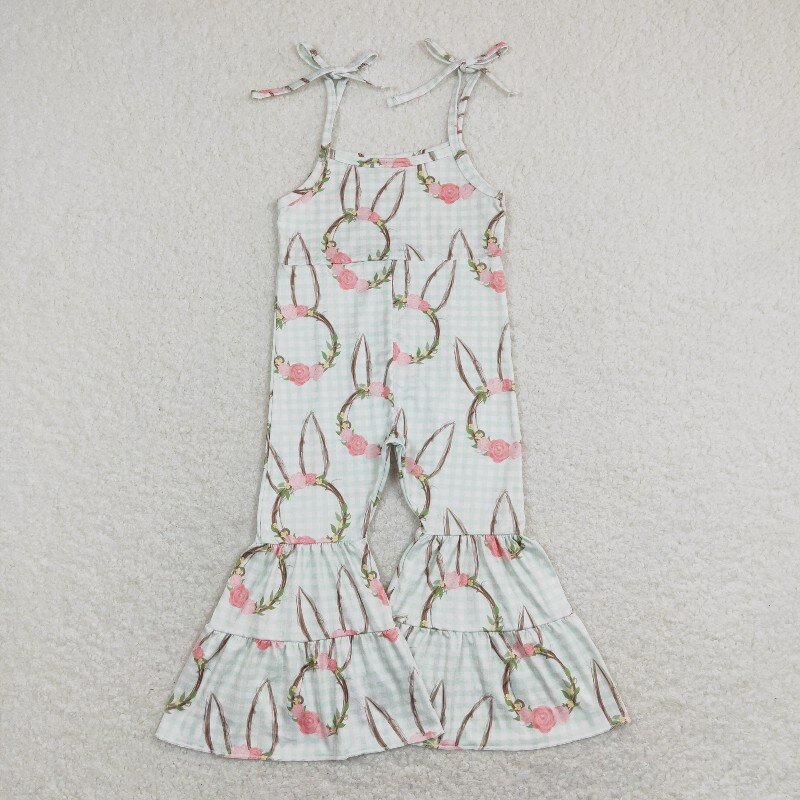 SR0875 Bunny Flowers Plaid Print Baby Girls Easter Strap Jumpsuits