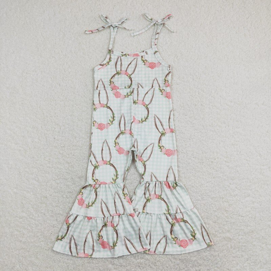 SR0875 Bunny Flowers Plaid Print Baby Girls Easter Strap Jumpsuits