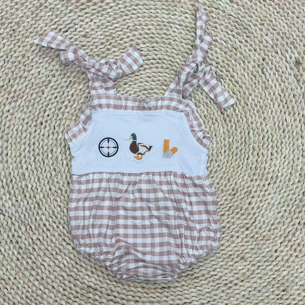 Sibliong Baby Gingham Hunting Duck Embroidery Bubble Romper