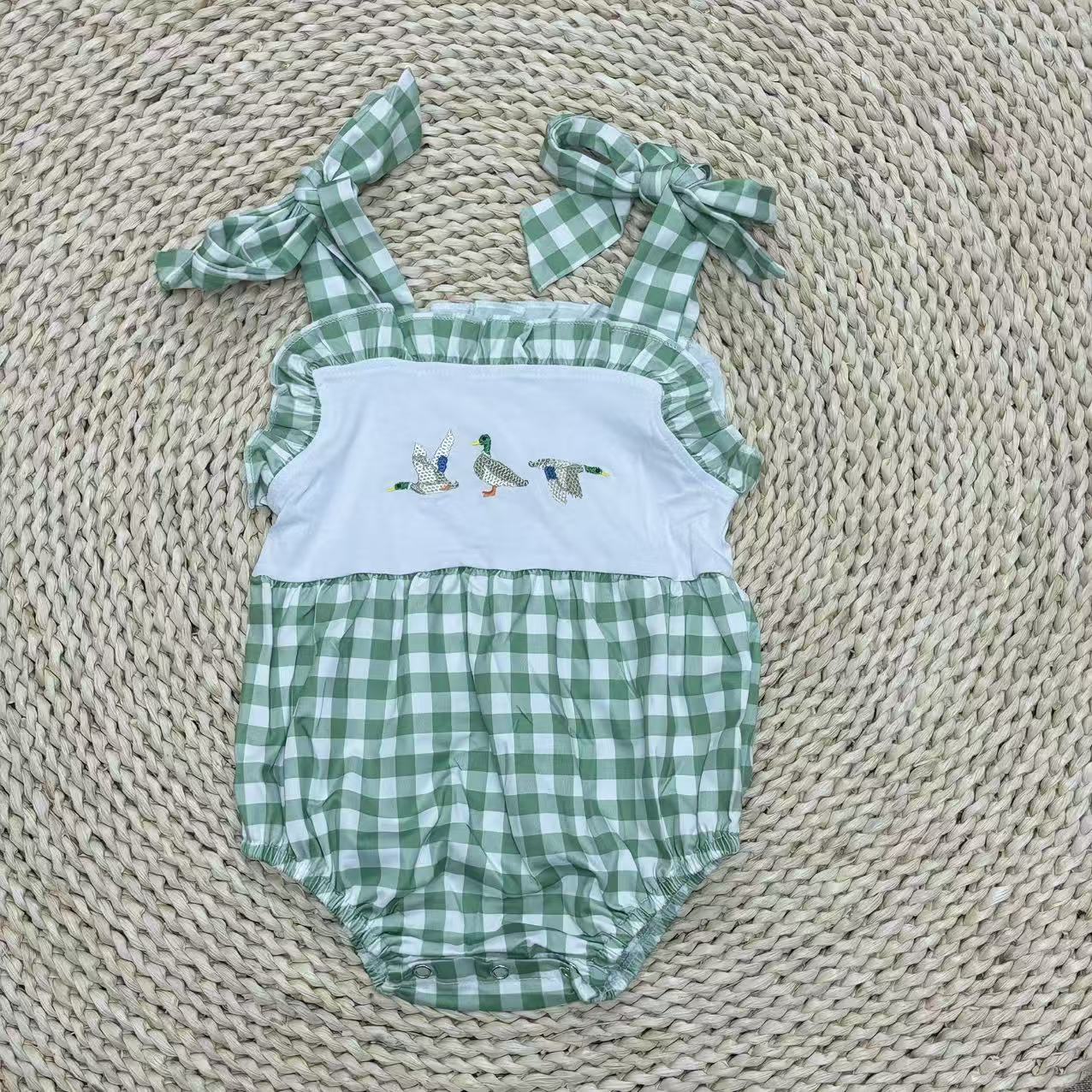 Sibliong Baby Gingham Hunting Duck Embroidery Bubble Romper