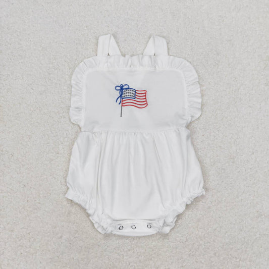 SR1548 Flag Embroidery White Baby Girls 4th of July Backless Romper