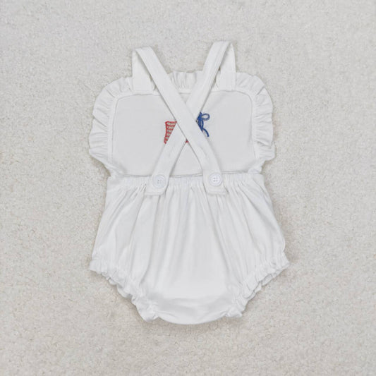 SR1548 Flag Embroidery White Baby Girls 4th of July Backless Romper