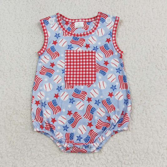 SR1563 Baseball Flag Stars Baby Boys 4th of July Sleeveless Romper