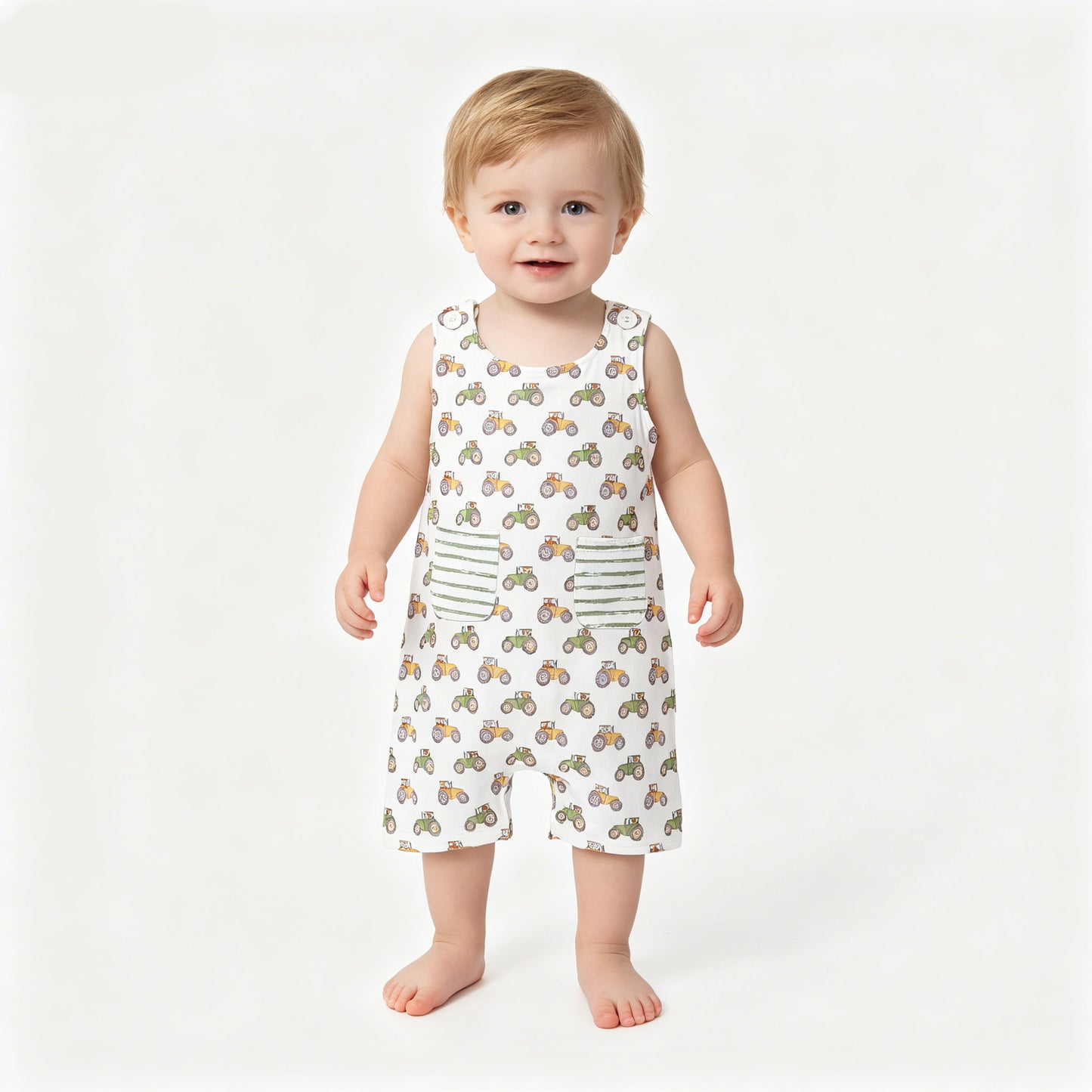 SR1586 Tractor Print Pockets Baby Boys Sleeveless Romper