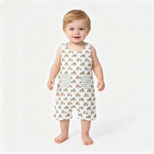 SR1586 Tractor Print Pockets Baby Boys Sleeveless Romper
