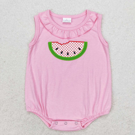 SR1649 Watermelon Embroidery Pink Cotton Baby Girls Sleeveless Romper