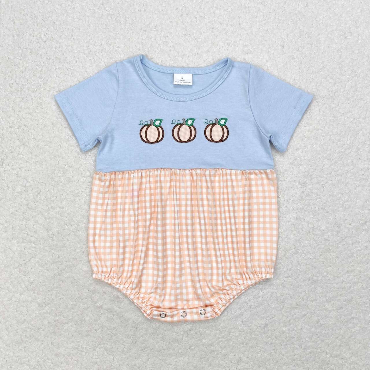 SR1711  Pumpkin Embroidery Checkered Baby Boys Fall Romper