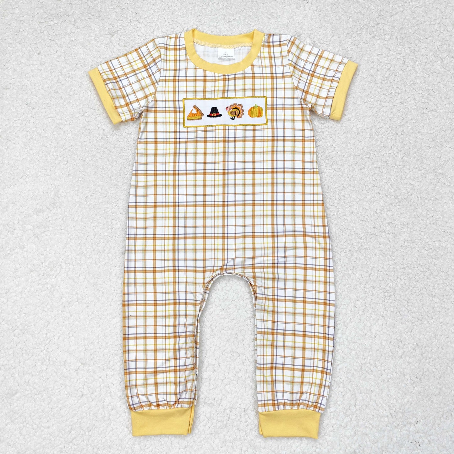 SR1869  Turkey Pie Pumpkin Embroidery Checkered Baby Boys Thanksgiving Romper