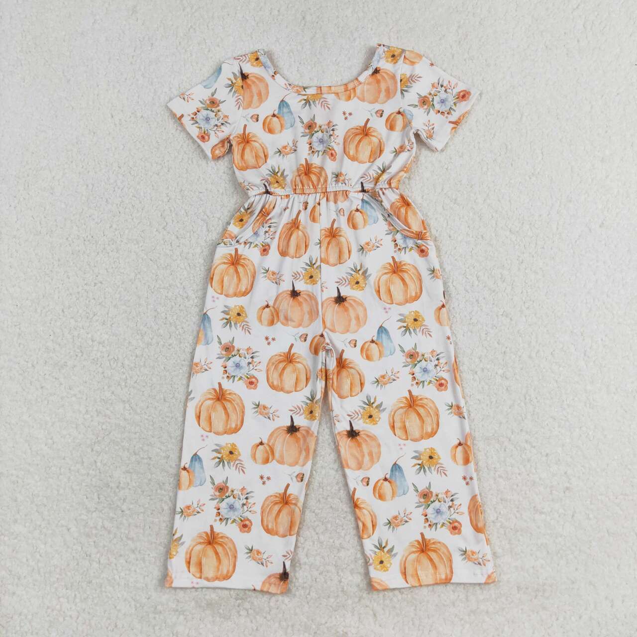SR1880 Pumpkin Flowers Print Pockets Girls Fall Jumpsuits