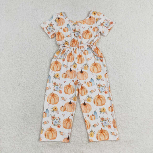SR1880 Pumpkin Flowers Print Pockets Girls Fall Jumpsuits