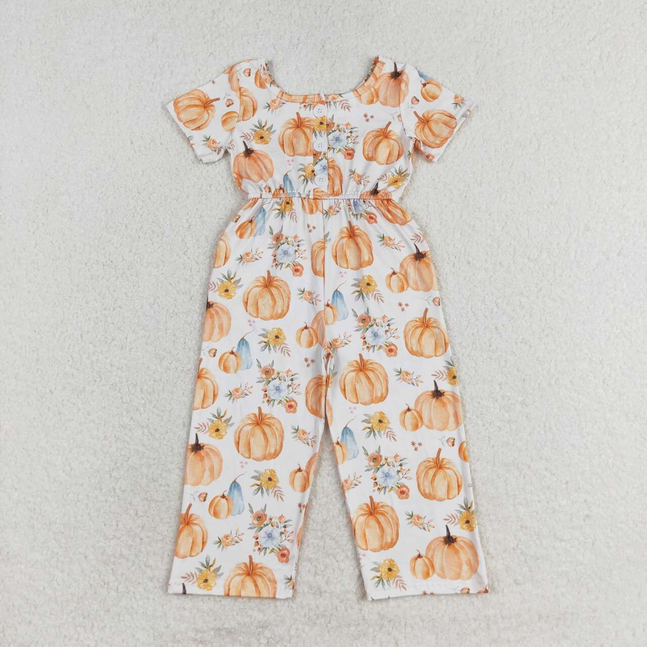 SR1880 Pumpkin Flowers Print Pockets Girls Fall Jumpsuits