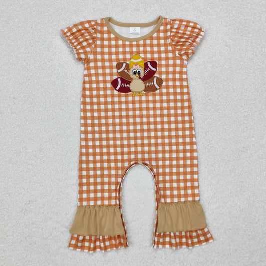 SR1886 Football Turkey Embroidery Checkered Baby Girls Thanksgiving Romper