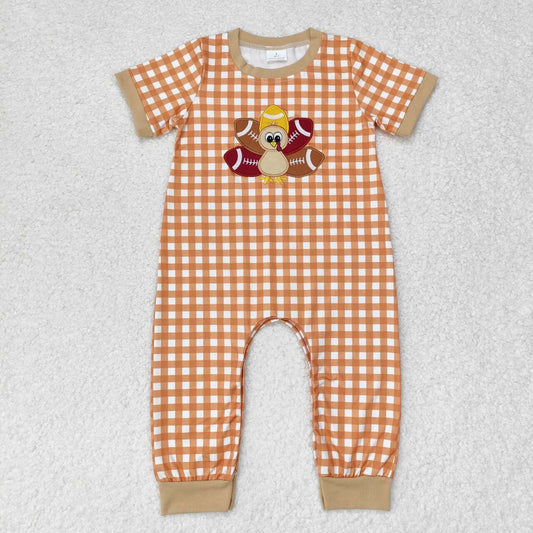 SR1887 Football Turkey Embroidery Checkered Baby Boys Thanksgiving Romper