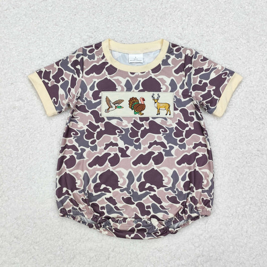SR1902 Duck Turkey Deer Embroidery Camo Baby Boys Short Sleeve Romper